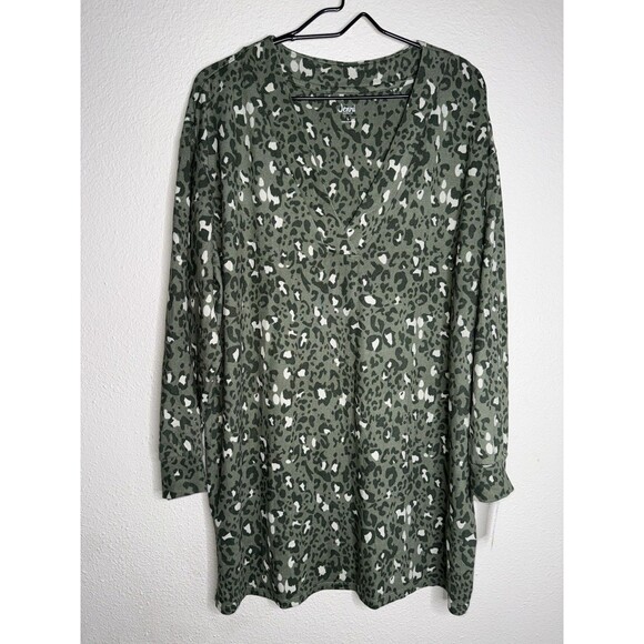 Jenni Women's Soft Knit V-Neck Sleepshirt, Green Leopard Animal Print, L - Picture 1 of 4